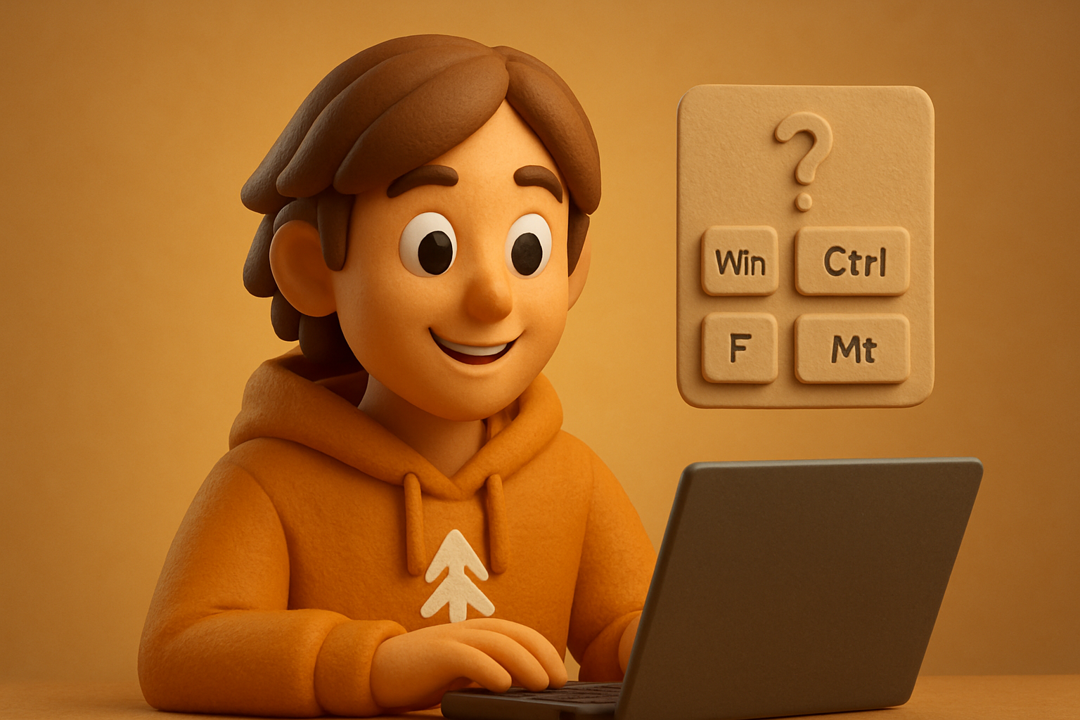 clay character at a laptop, eyes up and locked on screen, a ? shortcuts panel floating b