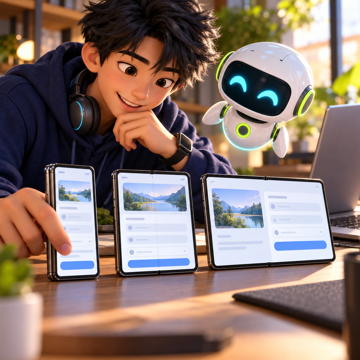 A developer and robot inspect an app journey in narrow, folded, and wide layouts during iPhone Duo resize testing