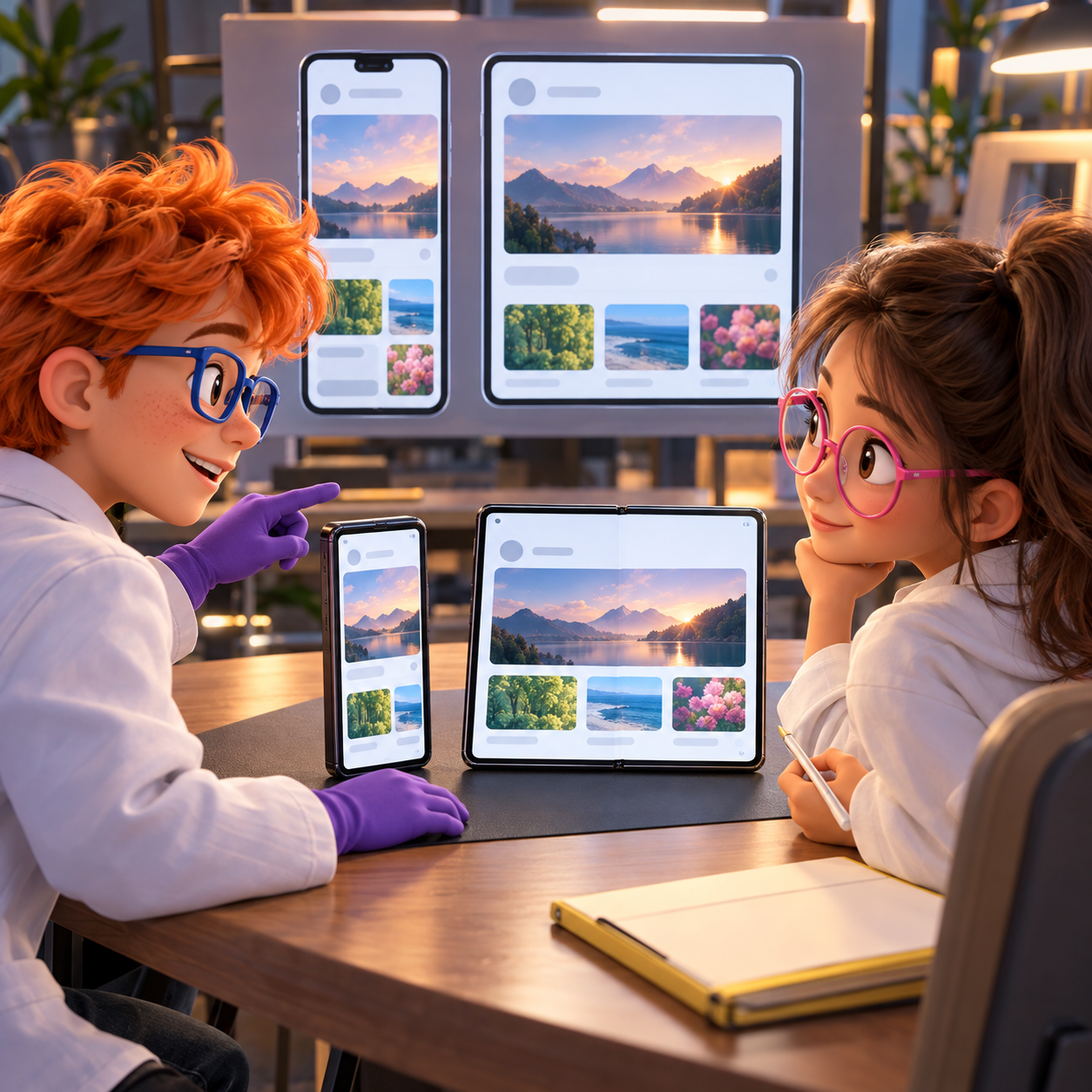 Two app builders review how the same app screenshots appear on narrow and wide iPhone Duo displays