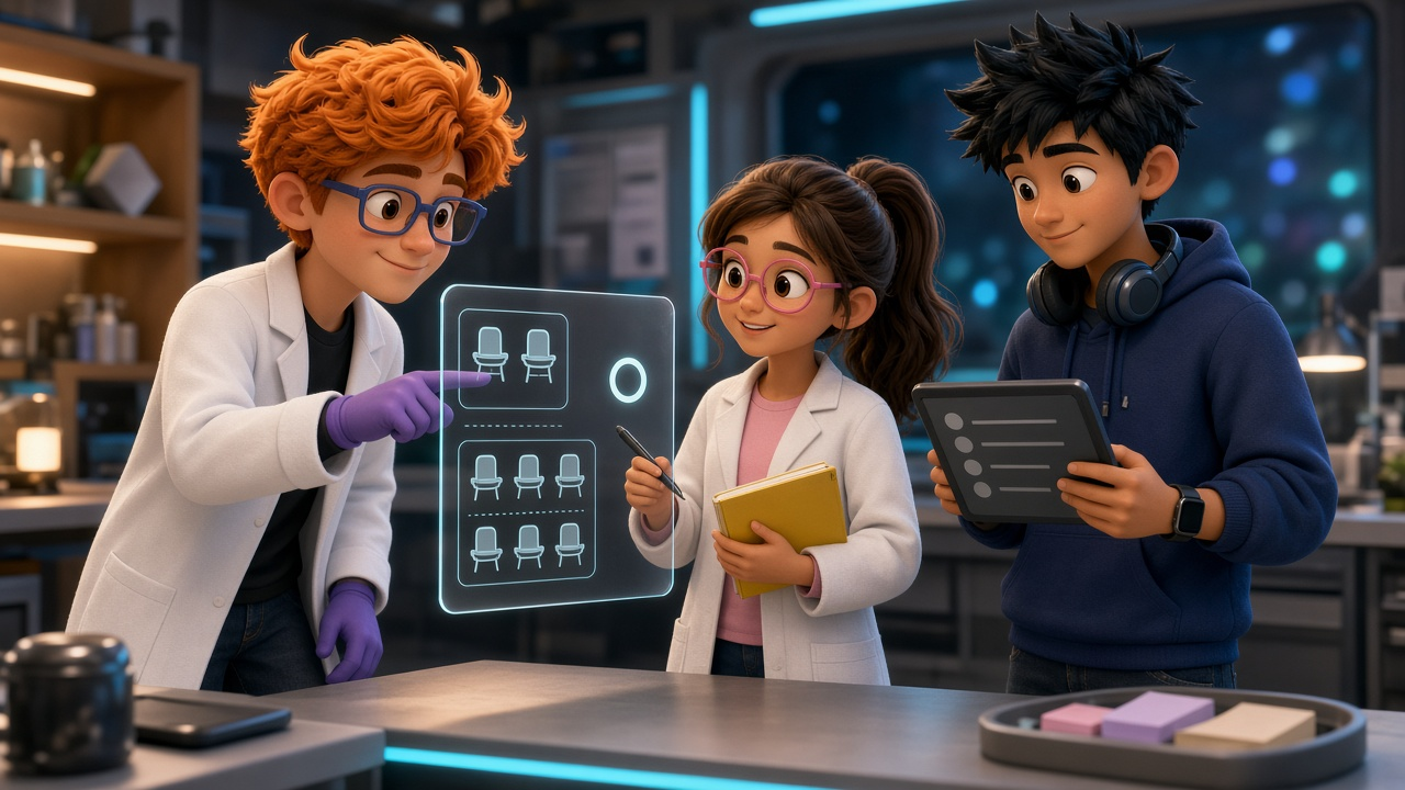 Luna in a white research jacket with bare hands holds a yellow notebook and stylus beside a blank seat-icon slate while Dex in purple gloves points at a single client-project token and Byte with bare hands checks a blank tablet checklist