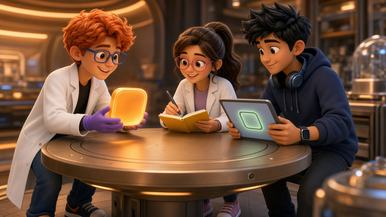 Dex in purple gloves holds up a single glowing app token while Luna with bare hands writes in her yellow notebook and Byte with bare hands checks a blank tablet in the OTF workshop