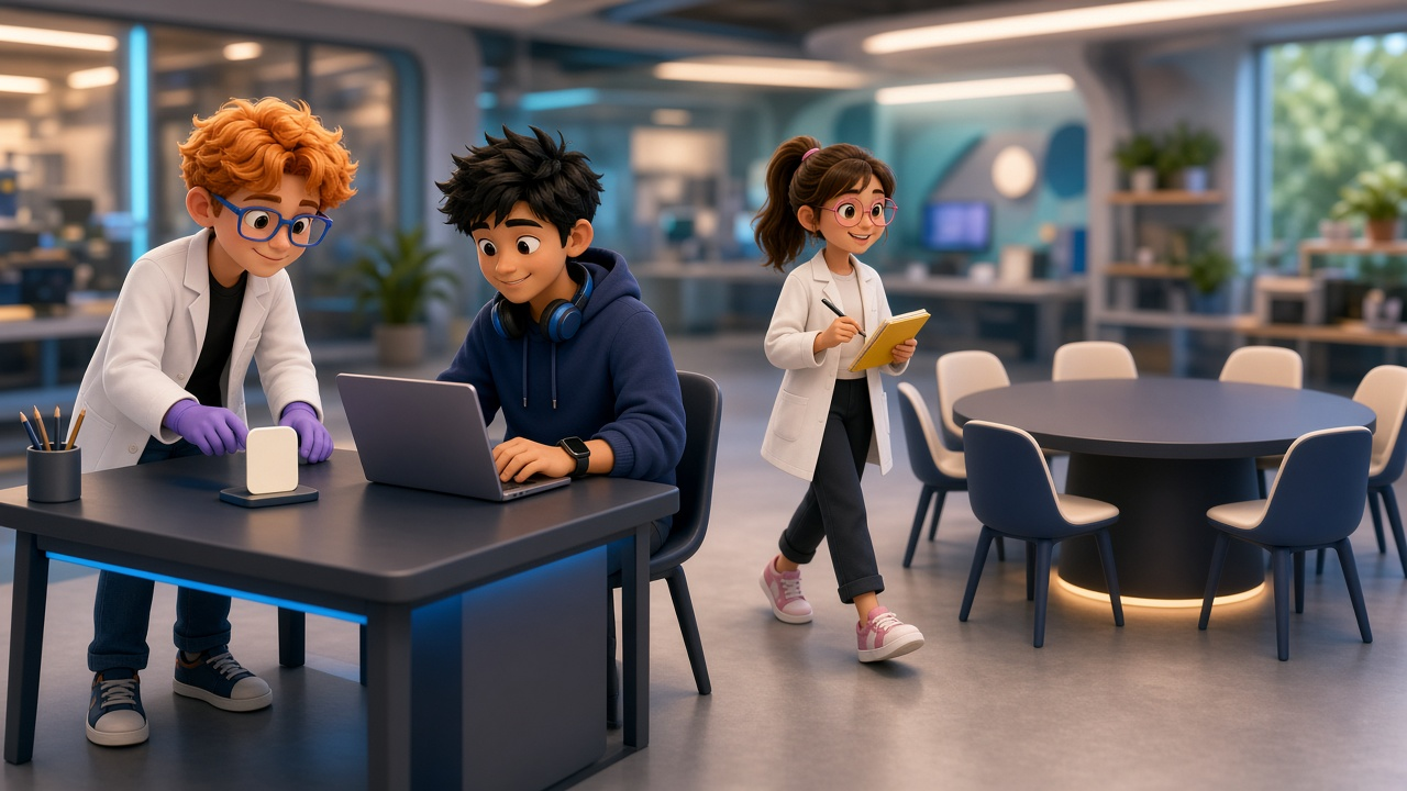 Dex in purple gloves and Byte with bare hands work at a one-seat desk with one blank client token while Luna in a white research jacket with bare hands and yellow notebook walks toward a five-chair team table