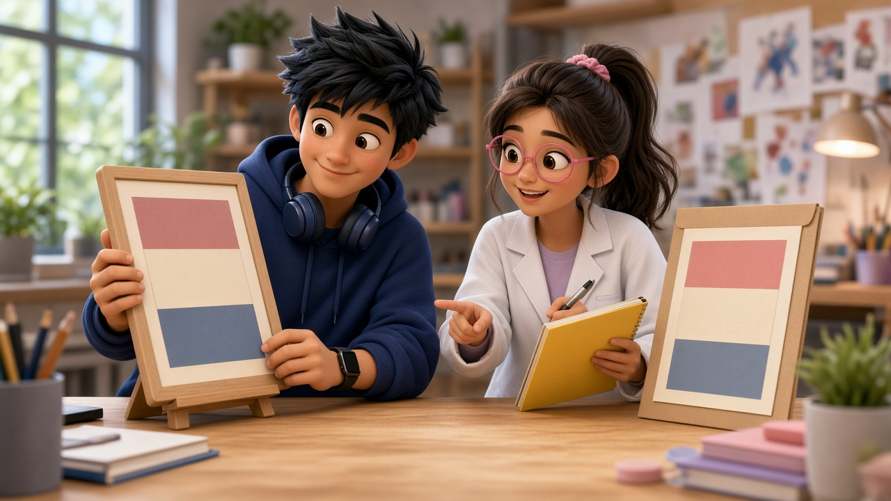 Two people at a desk with two matching framed colour-band cards: a boy in a navy hoodie holds one frame up while a girl with pink glasses points at it.