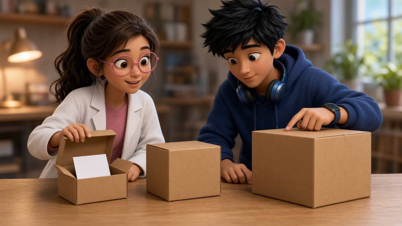 Two people at a desk with three plain cardboard boxes in a row, small to large: a girl lifts the lid of the small box to show a blank card while a boy points at the large box.