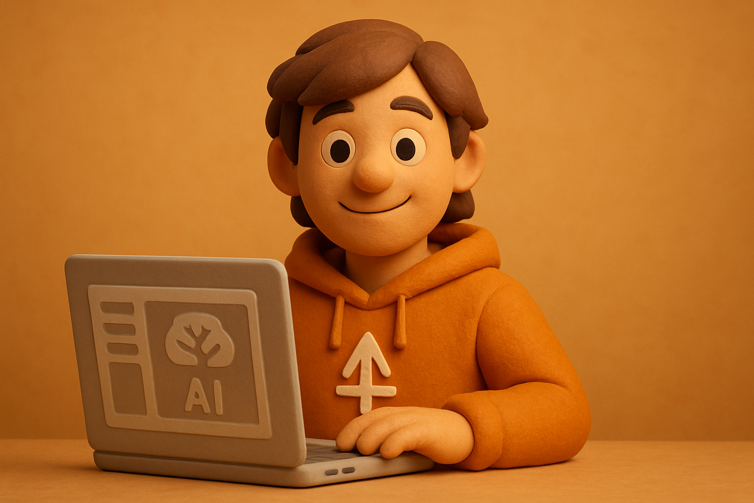 a clay character at a laptop looking calmly satisfied, having just shipped an AI feature i
