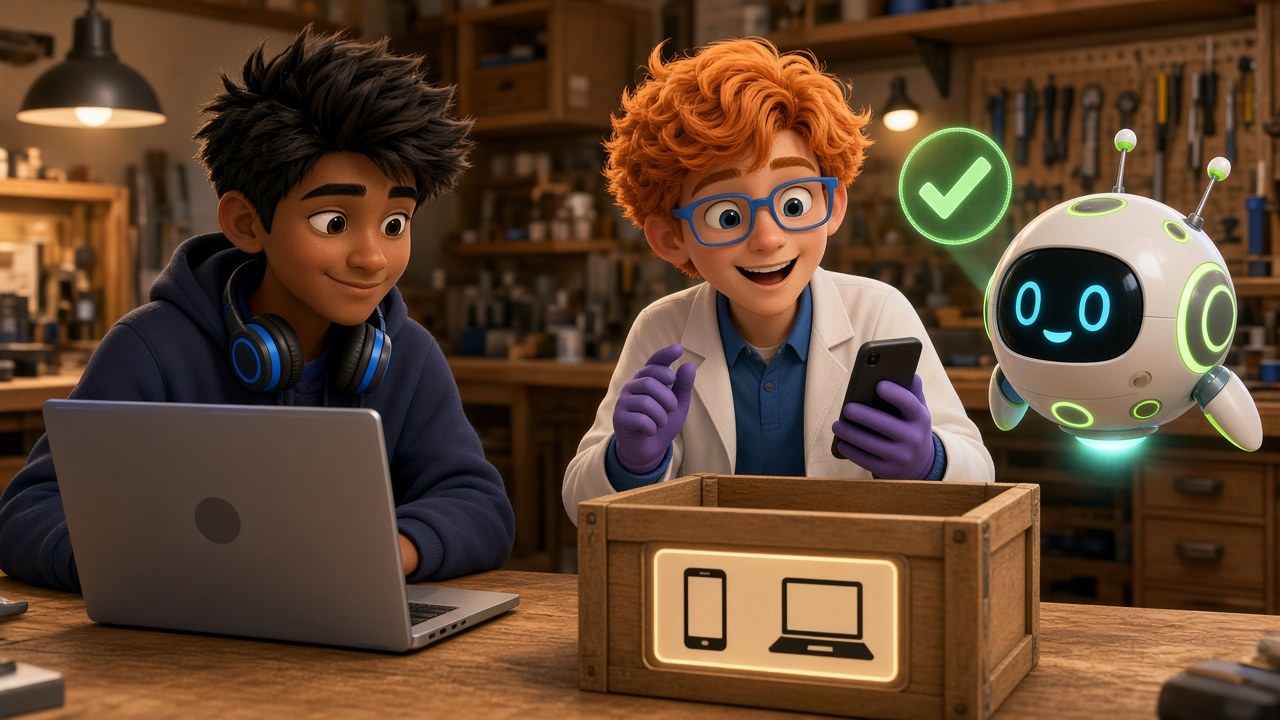Byte and Dex open an owned repo crate with phone and laptop icons