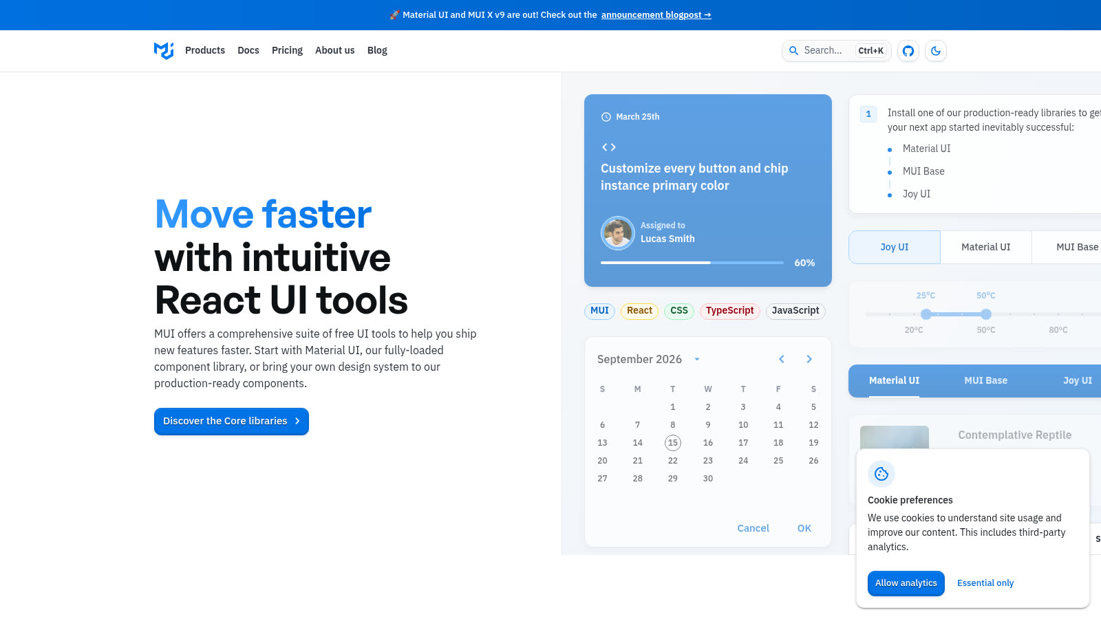 MUI public homepage showing Material UI / MUI X suite marketing