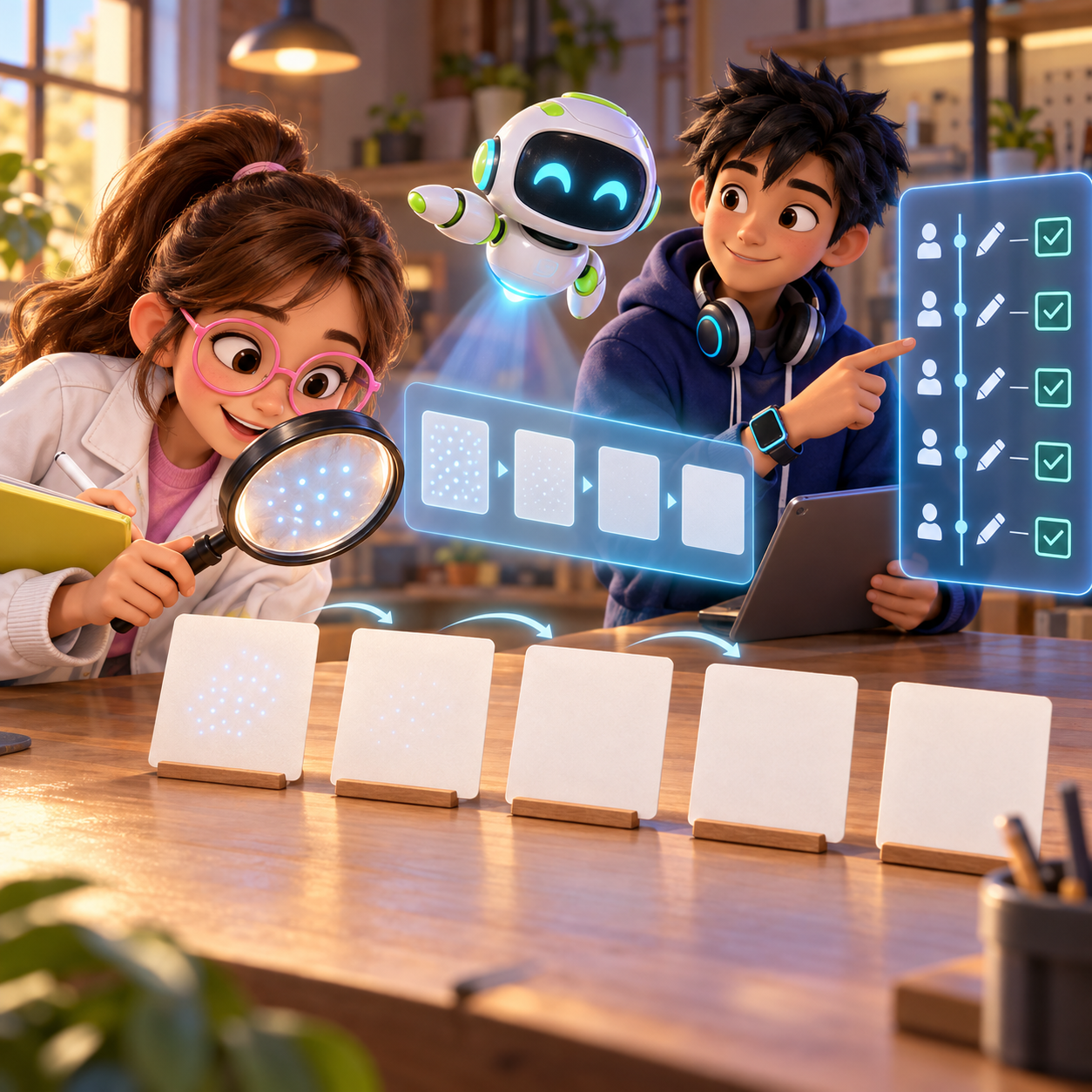 Luna checks a faint text signal while Byte follows saved revisions; Nova’s display keeps the signal separate from the app’s history.