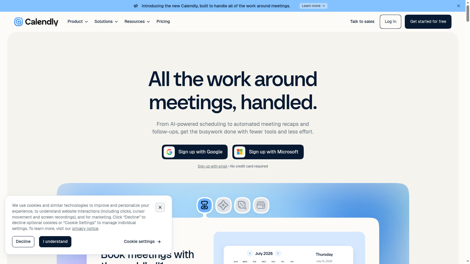 Calendly public marketing page showing hosted scheduling and embed-oriented booking