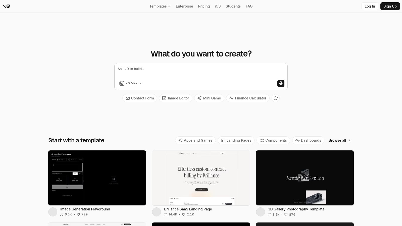 v0.dev public marketing page showing signed-out prompt-to-UI landing