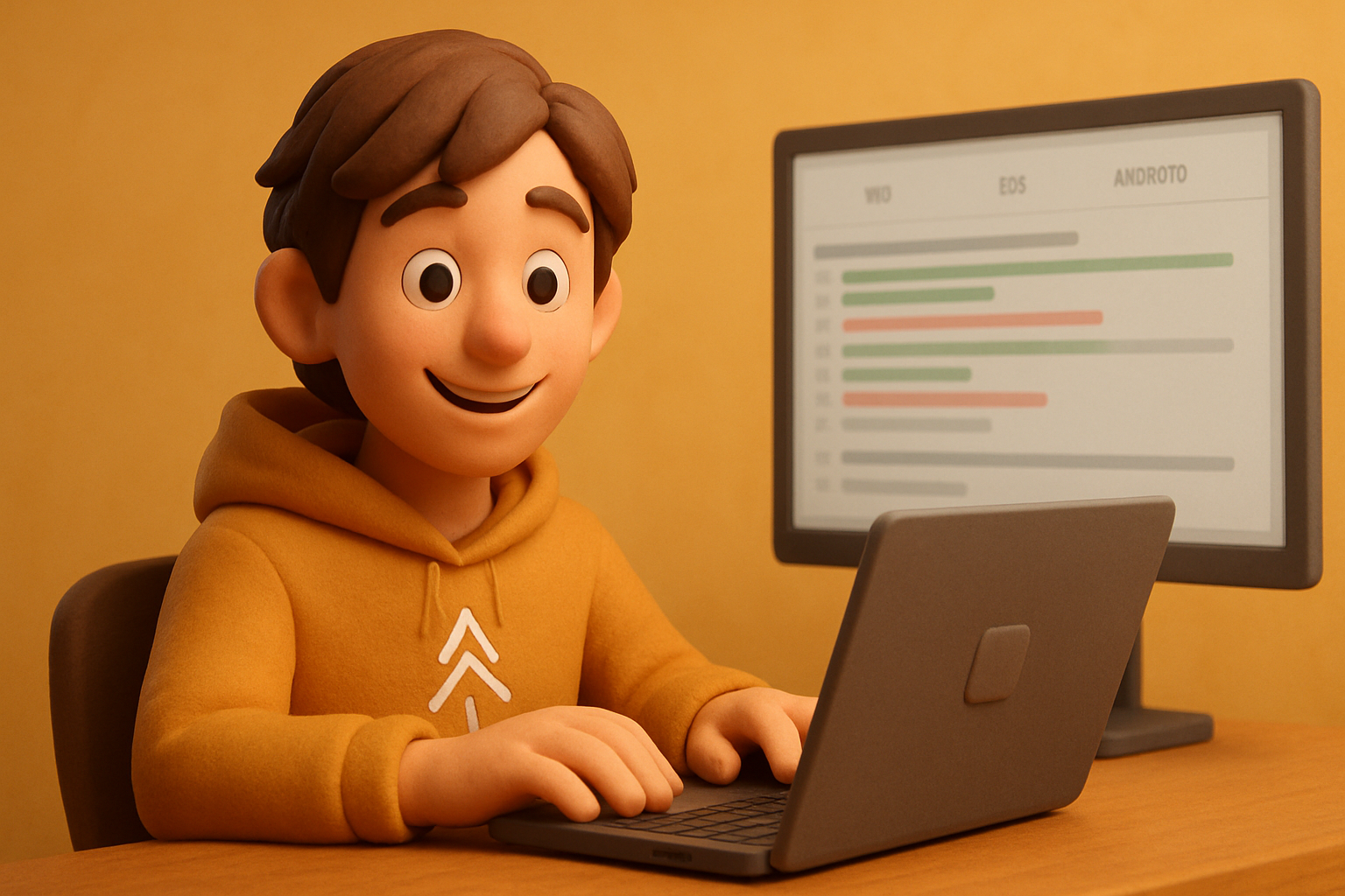 clay character at a laptop shipping a multi-file diff, the same component rendered web + i