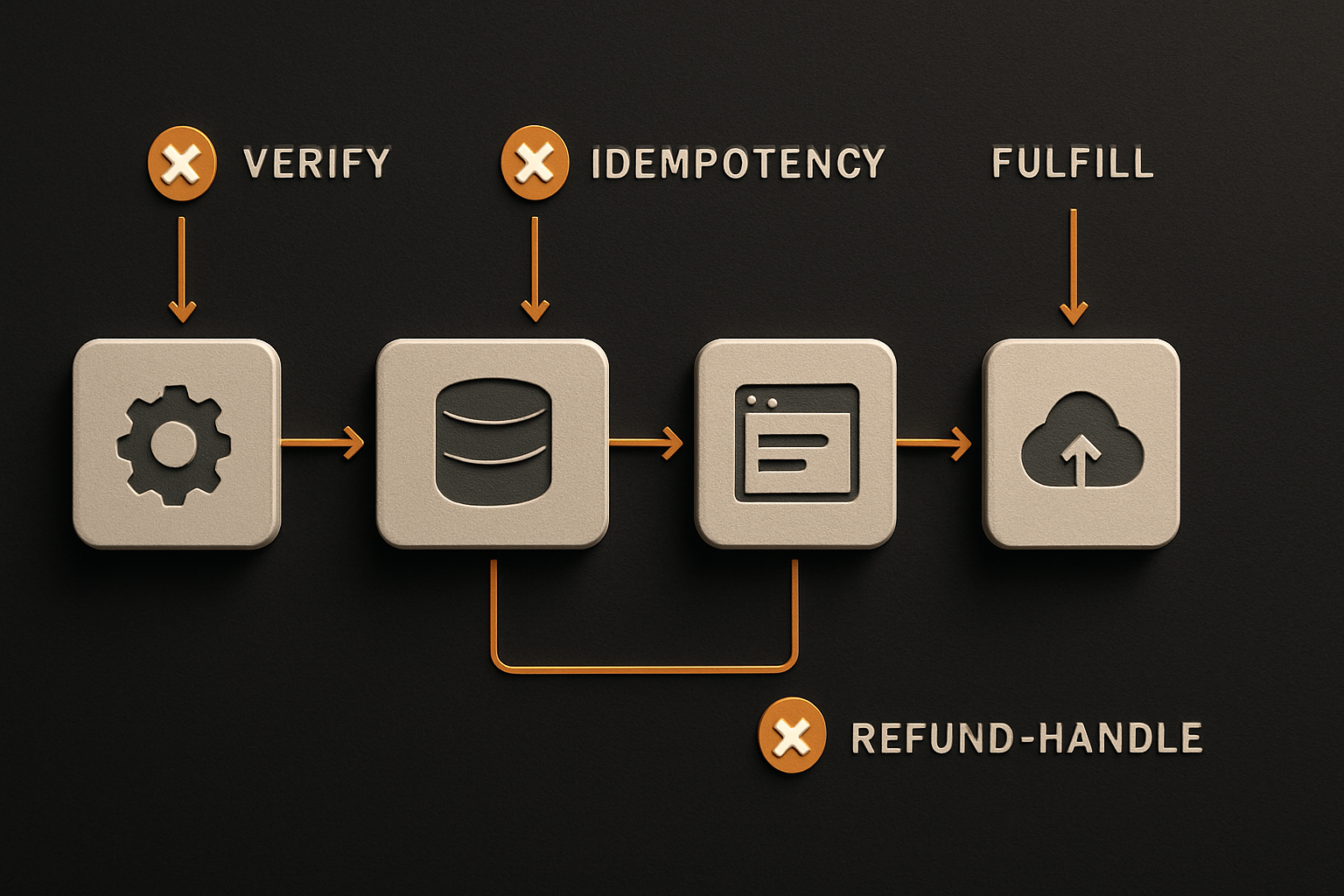 A Stripe webhook event from checkout to license grant with the four failure points marked