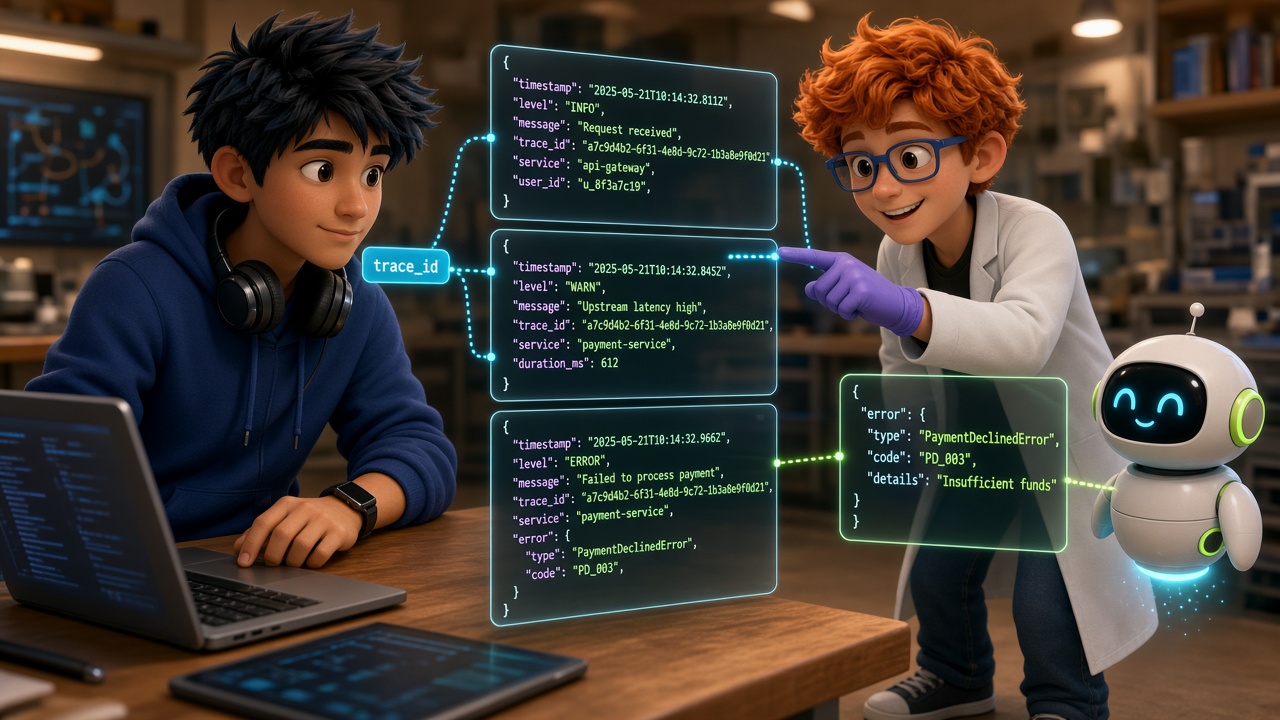 Structured production logs with correlation IDs agents can triage