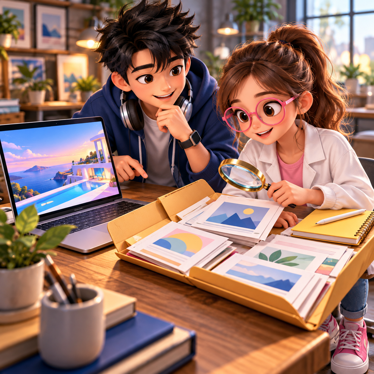 Byte and Luna inspect a live site preview and the project files before choosing a template.
