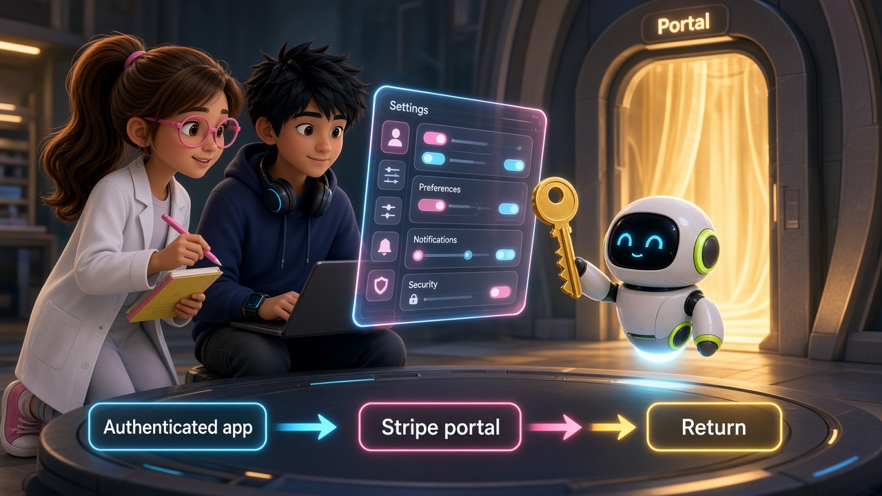 Authenticated app opens Stripe Customer Portal then returns — Luna, Byte, and Nova with a portal key
