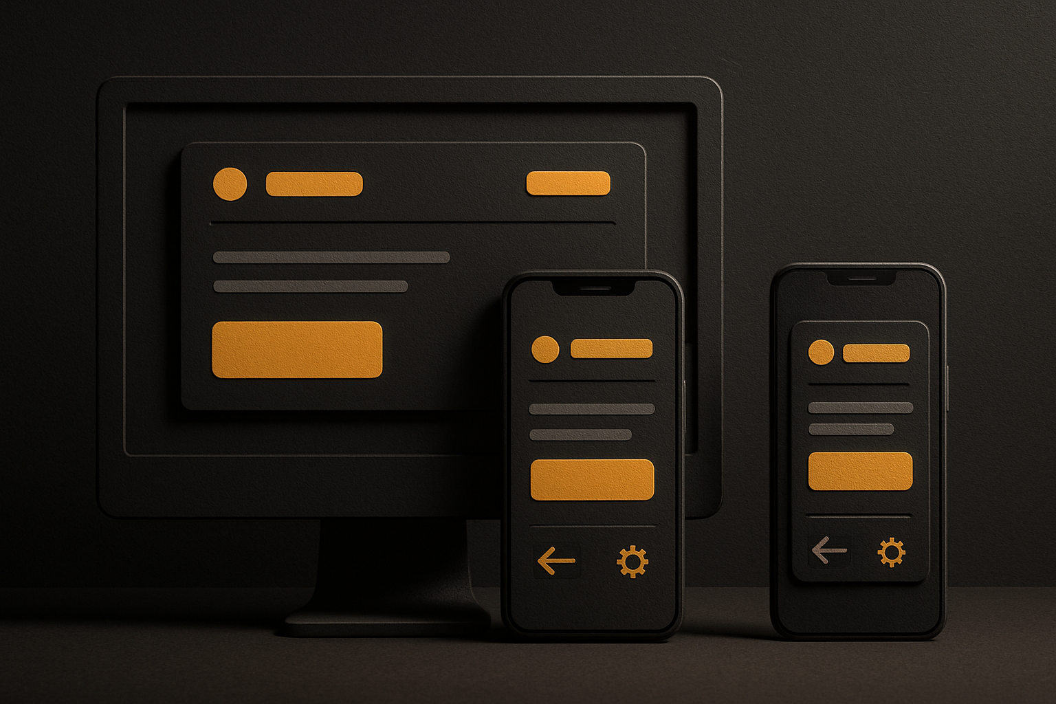 the same component, three windows — desktop, iPhone, Android — all rendering the same UI f