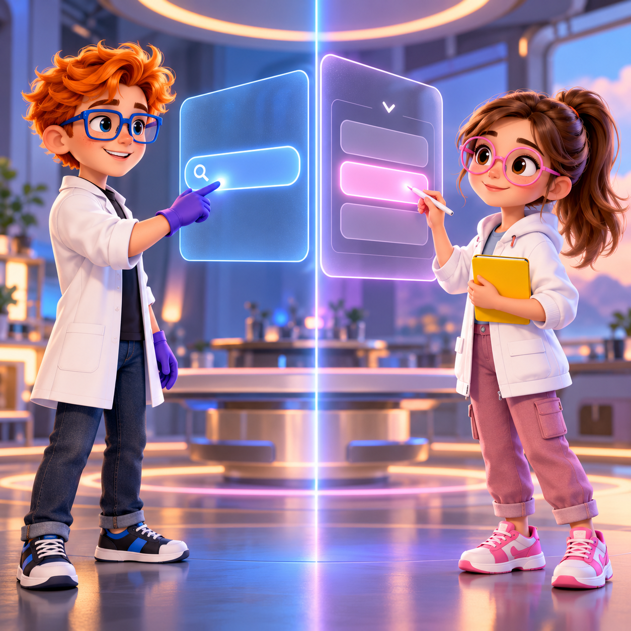 Dex and Luna at a split panel: a search box on one side, a short dropdown with one row highlighted on the other