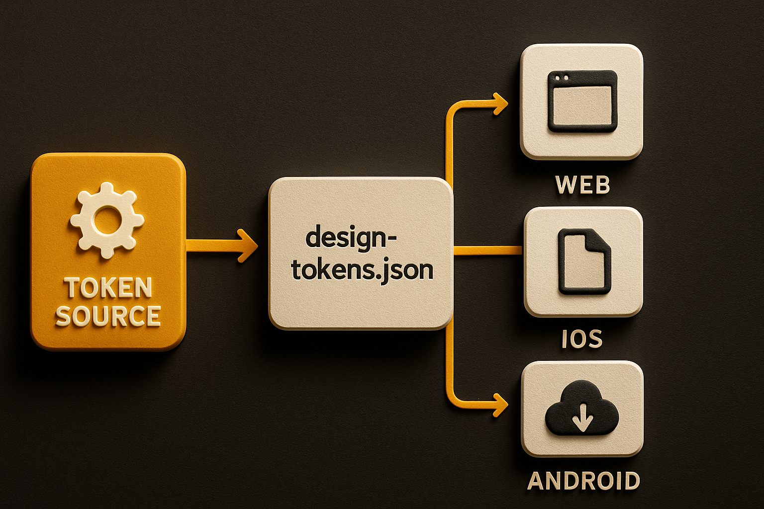 a token source — design-tokens.json — fanning out to web CSS variables, iOS UIColor extens