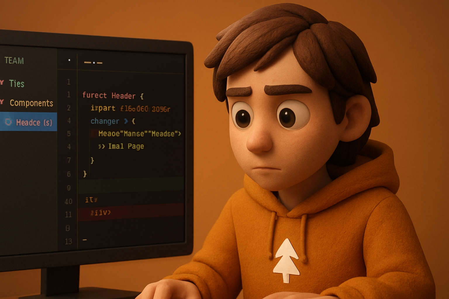 scene — a VS Code window, left: a diffs sidebar showing only the new Team files/components