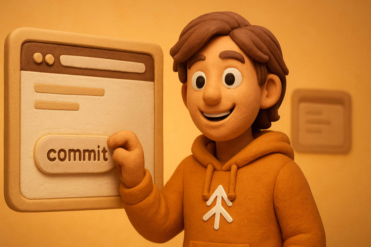 a clay-character scene of the founder confidently pushing commits to a public repo, the sa