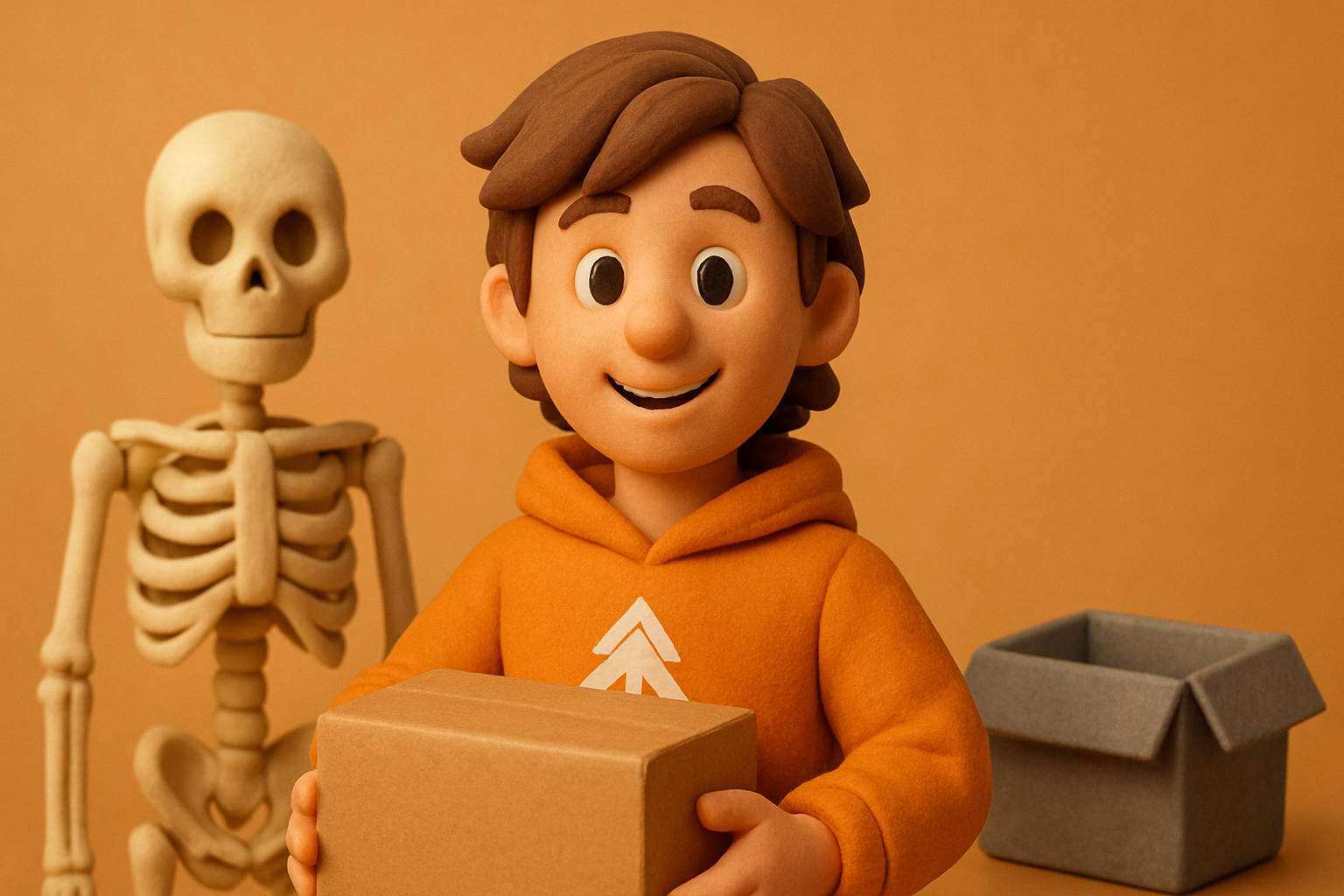 a clay character confidently shipping a kit, with a perfectly-shaped skeleton on the left