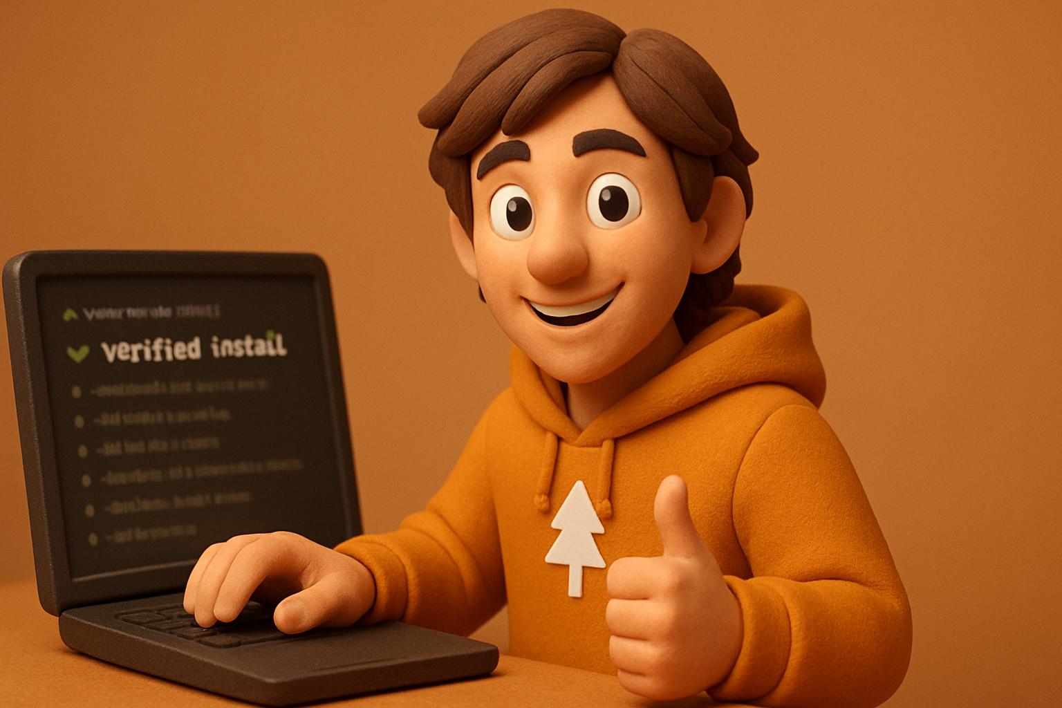 a clay character at a terminal confidently running a verified install, hallucinated packag