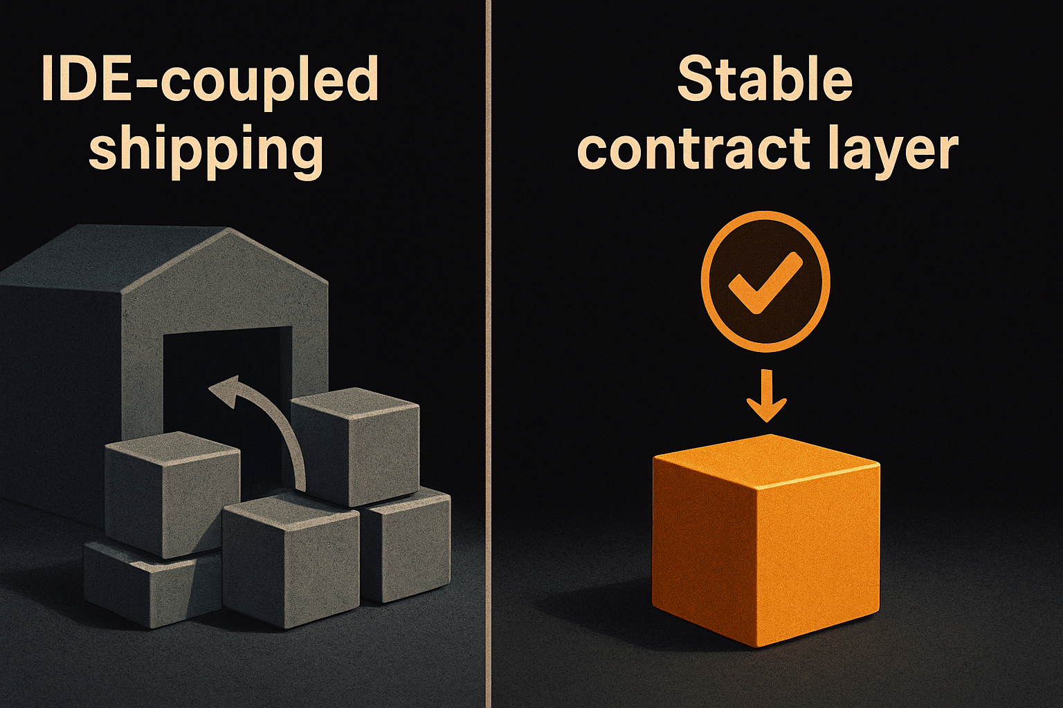 IDE-coupled shipping (components drift when the model or tool changes) vs stable contract