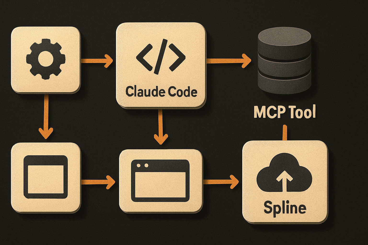 developer prompt → Claude Code → structured MCP tool calls → Spline desktop app → live 3D