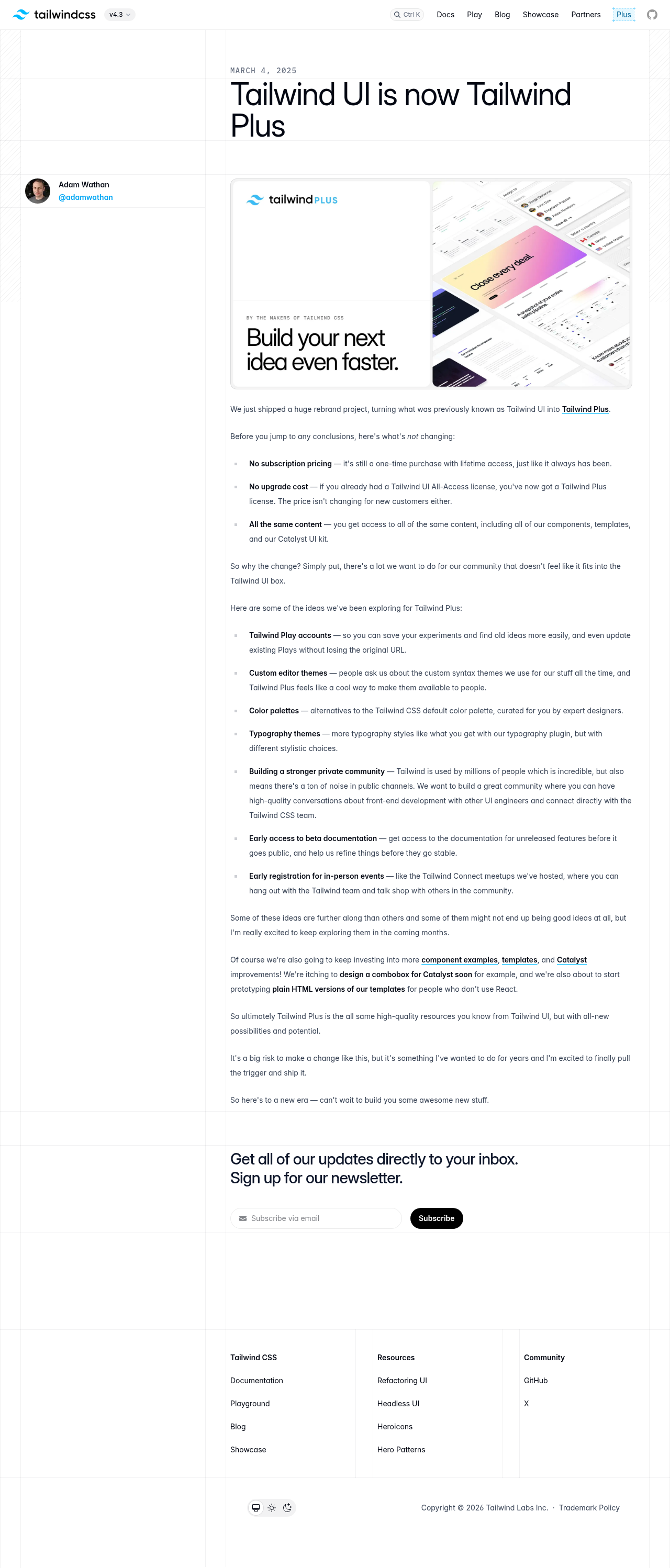 Official Tailwind UI is now Tailwind Plus rebrand post on tailwindcss.com, captured 2026-09-17
