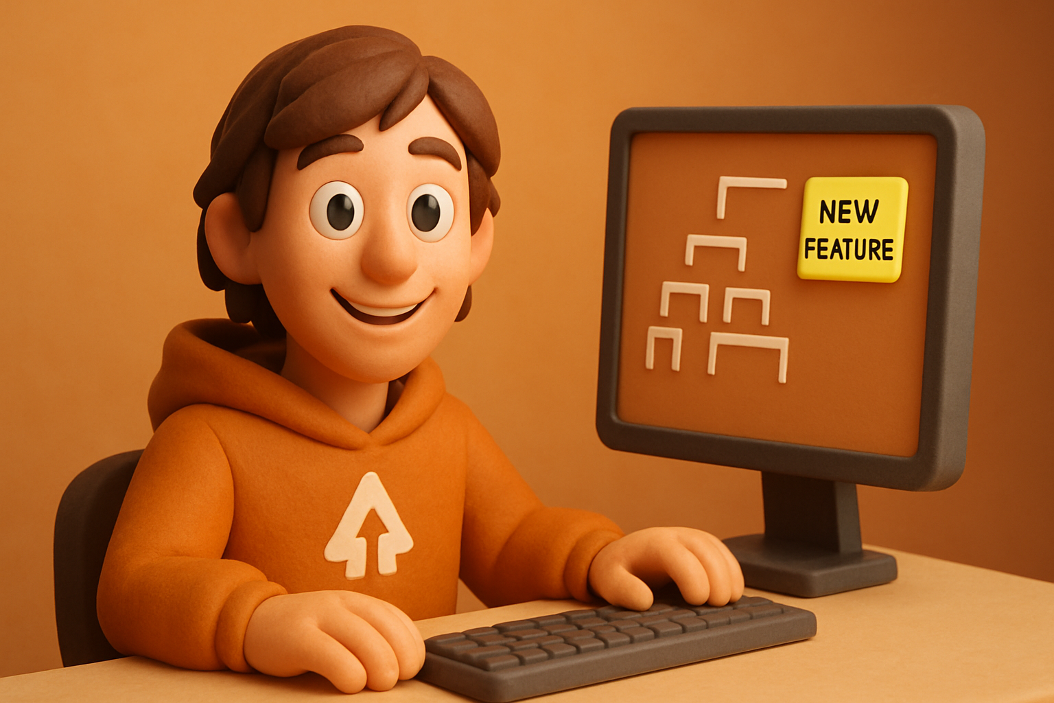 clay character at a desk, the directory tree lit up clean on the monitor, a 'new feature'