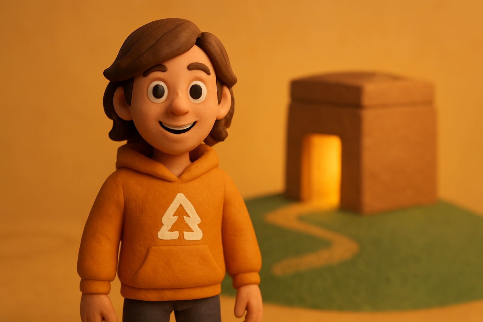 a clay character standing on a small green hill, a fading sandbox outline shrinking into t