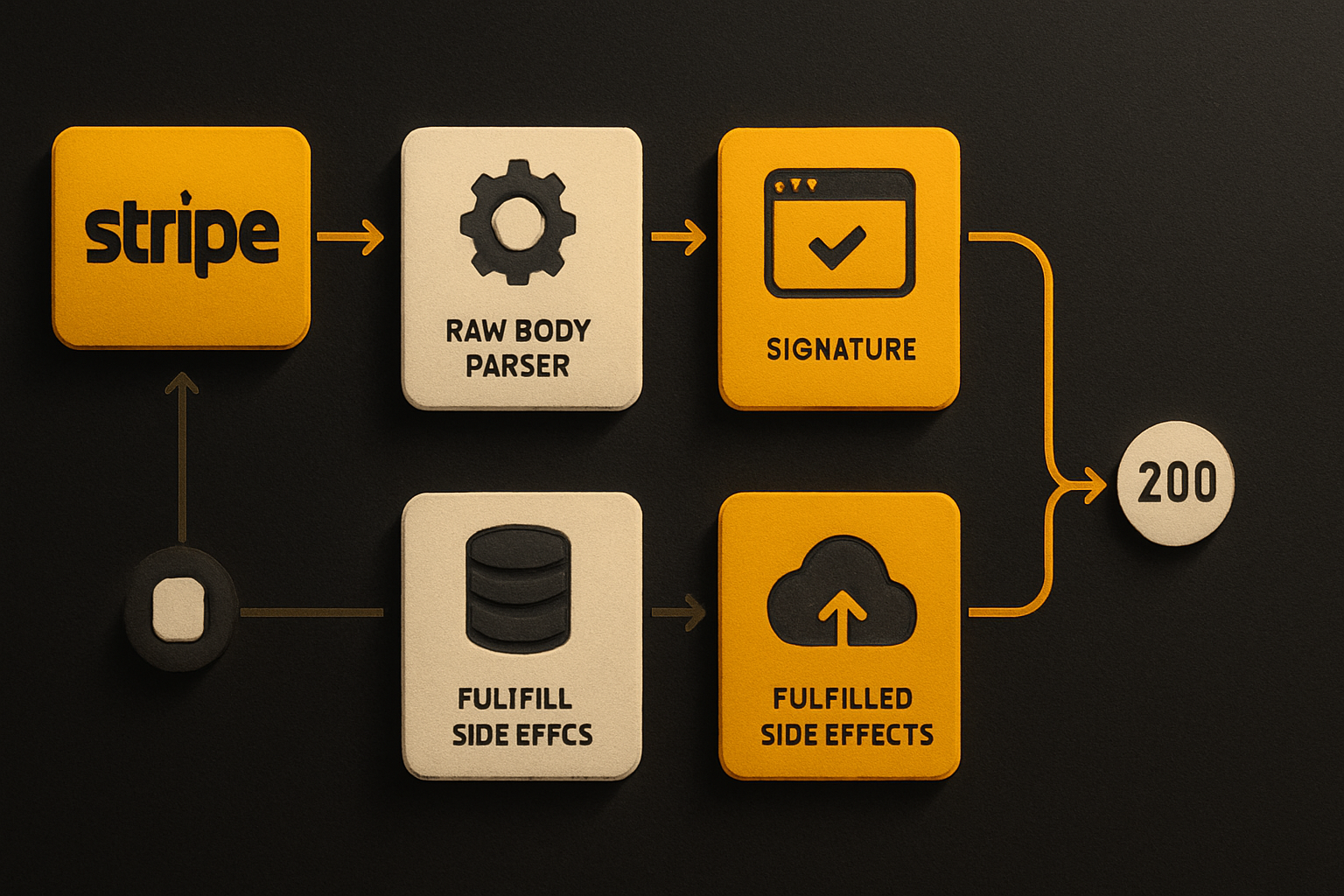 Stripe POST → raw body parser → constructEvent verifies signature → INSERT event.id ON CON
