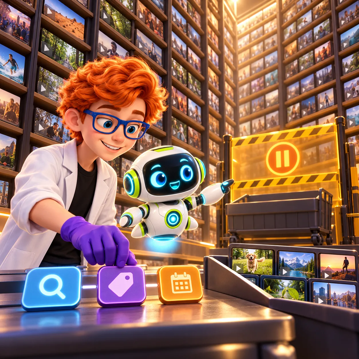Dex and Nova face a tall video archive with an over-broad search paused, then prepare metadata and time filters before retrying.