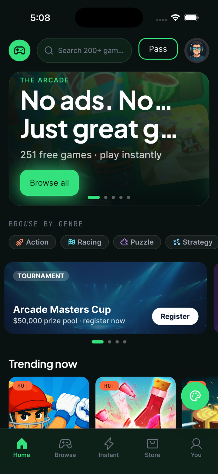 Arcade Kit — games discovery home with hero carousel