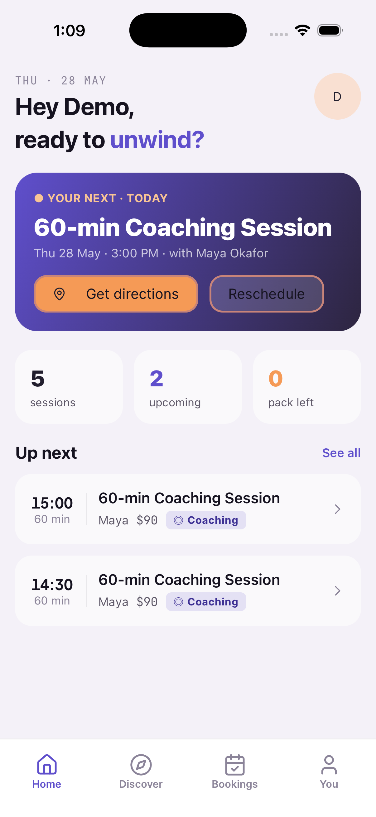 Cadence — home dashboard with your next appointment