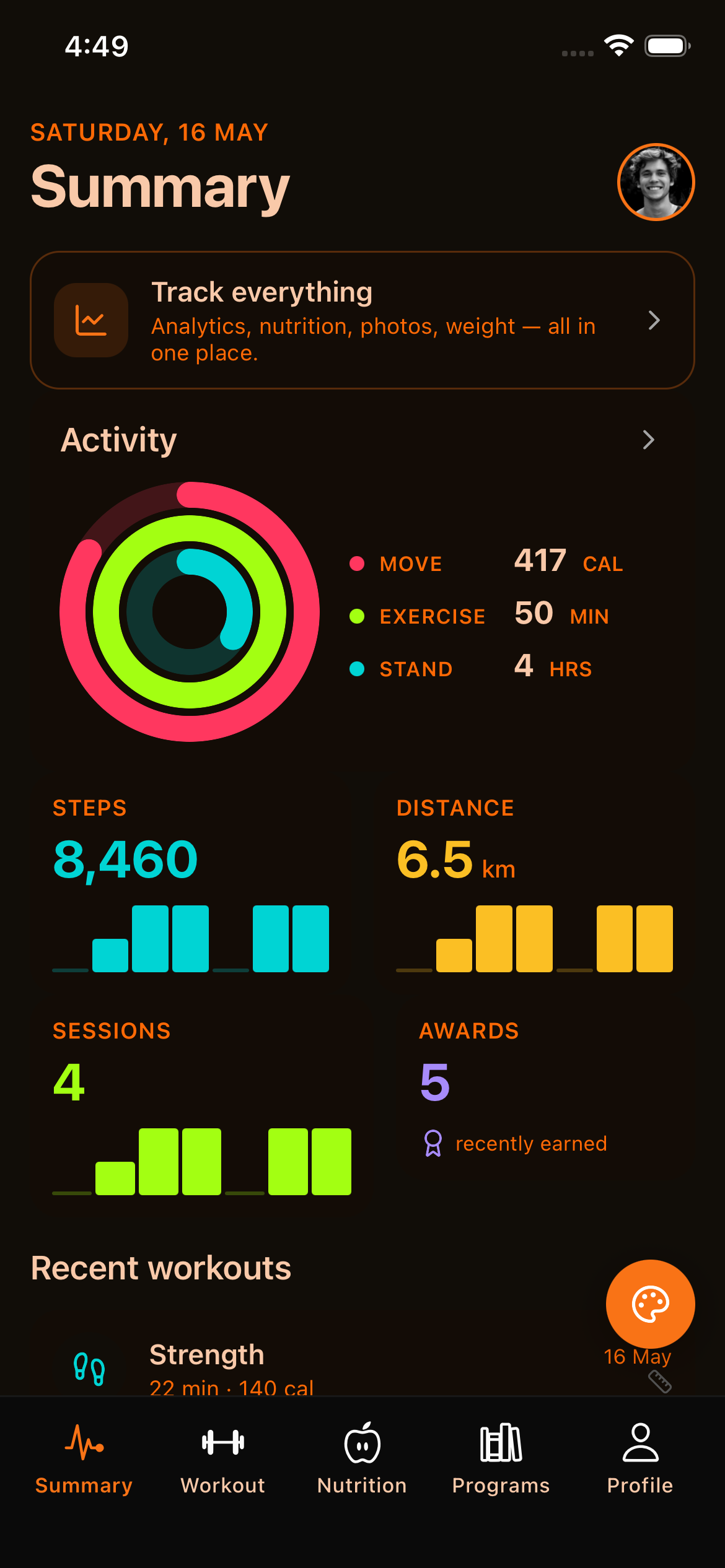 Fitness Kit — activity rings, stats, recent workouts