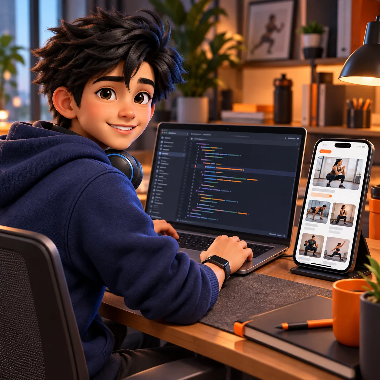 Byte edits a workout app on a laptop and checks the matching preview on a phone.